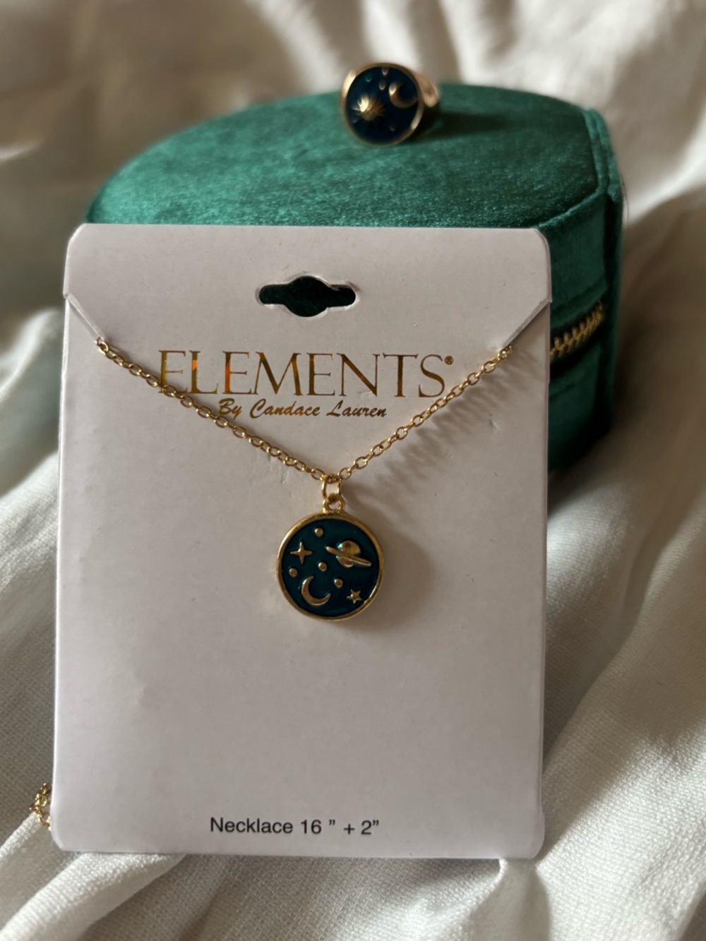 Gold-Plated Blue Celestial Pendant Necklace & Matching Ring Size 6-7